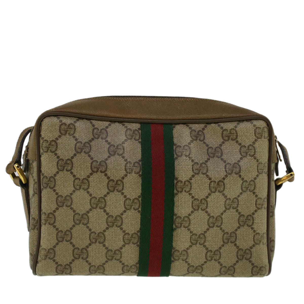 GUCCI GG Canvas Web Sherry Line Shoulder Bag PVC Leather Beige Green 57329
