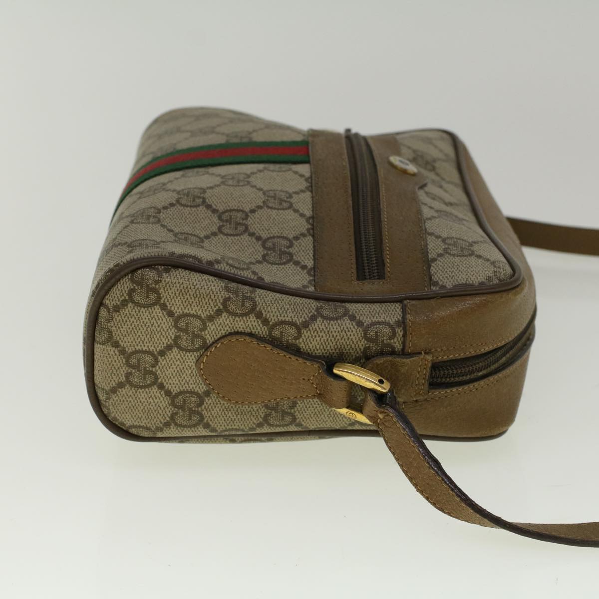 GUCCI GG Canvas Web Sherry Line Shoulder Bag PVC Leather Beige Green 57329