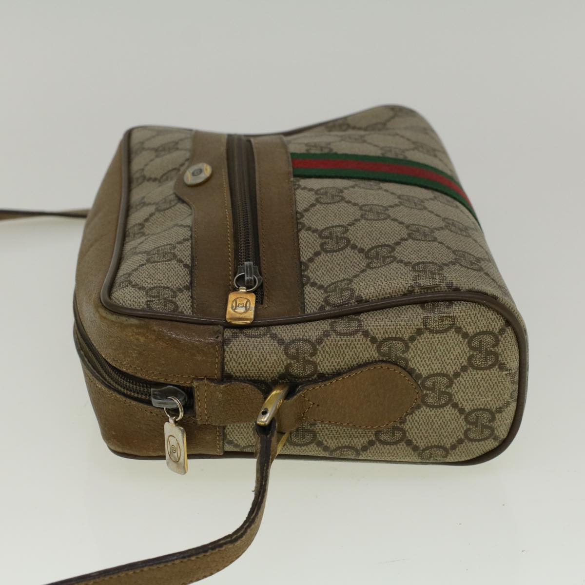 GUCCI GG Canvas Web Sherry Line Shoulder Bag PVC Leather Beige Green 57329