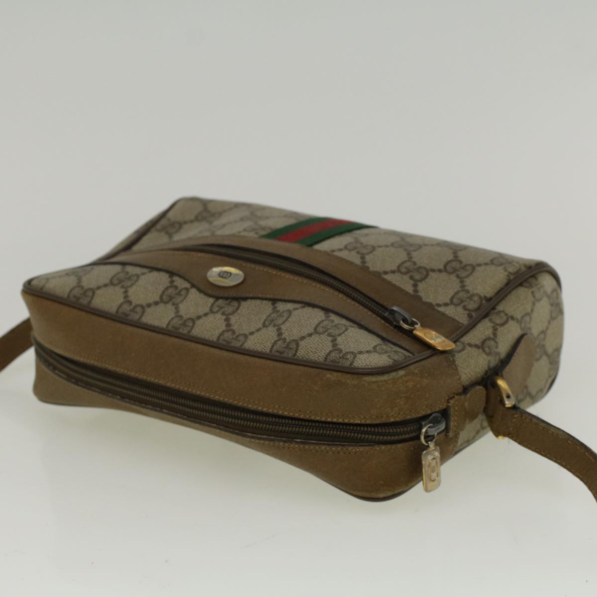 GUCCI GG Canvas Web Sherry Line Shoulder Bag PVC Leather Beige Green 57329