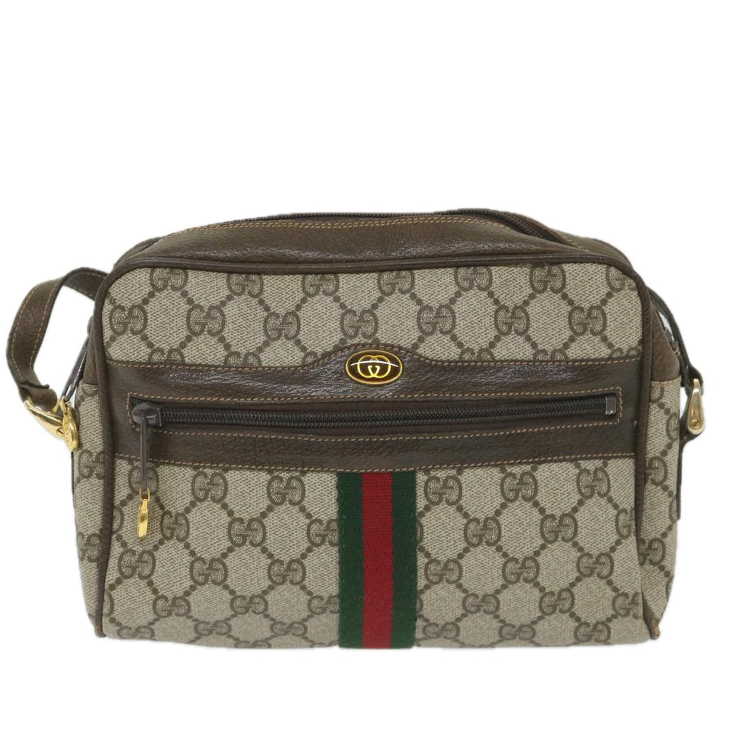 GUCCI GG Canvas Web Sherry Line Shoulder Bag PVC Leather Beige Green 57363