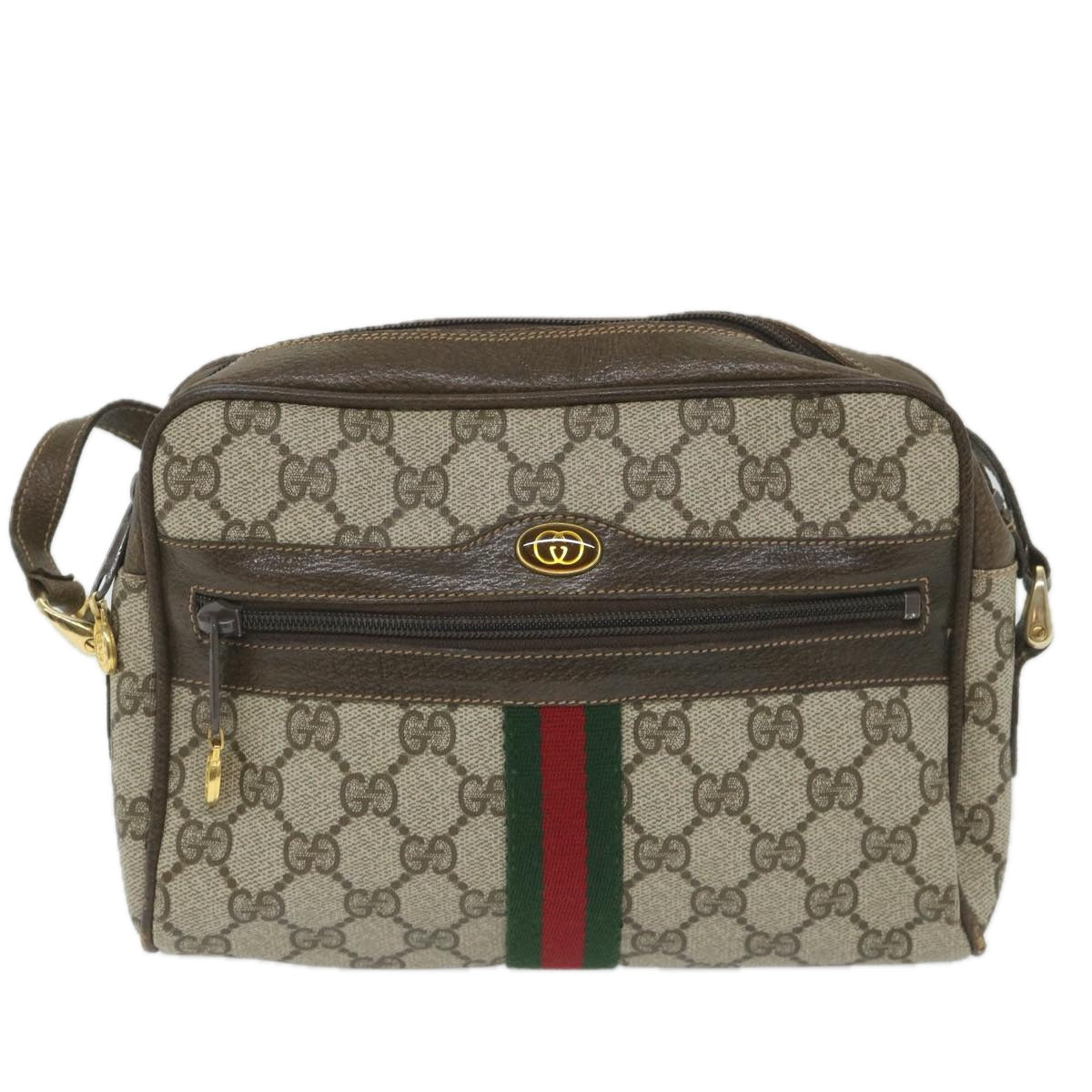 GUCCI GG Canvas Web Sherry Line Shoulder Bag PVC Leather Beige Green 57363