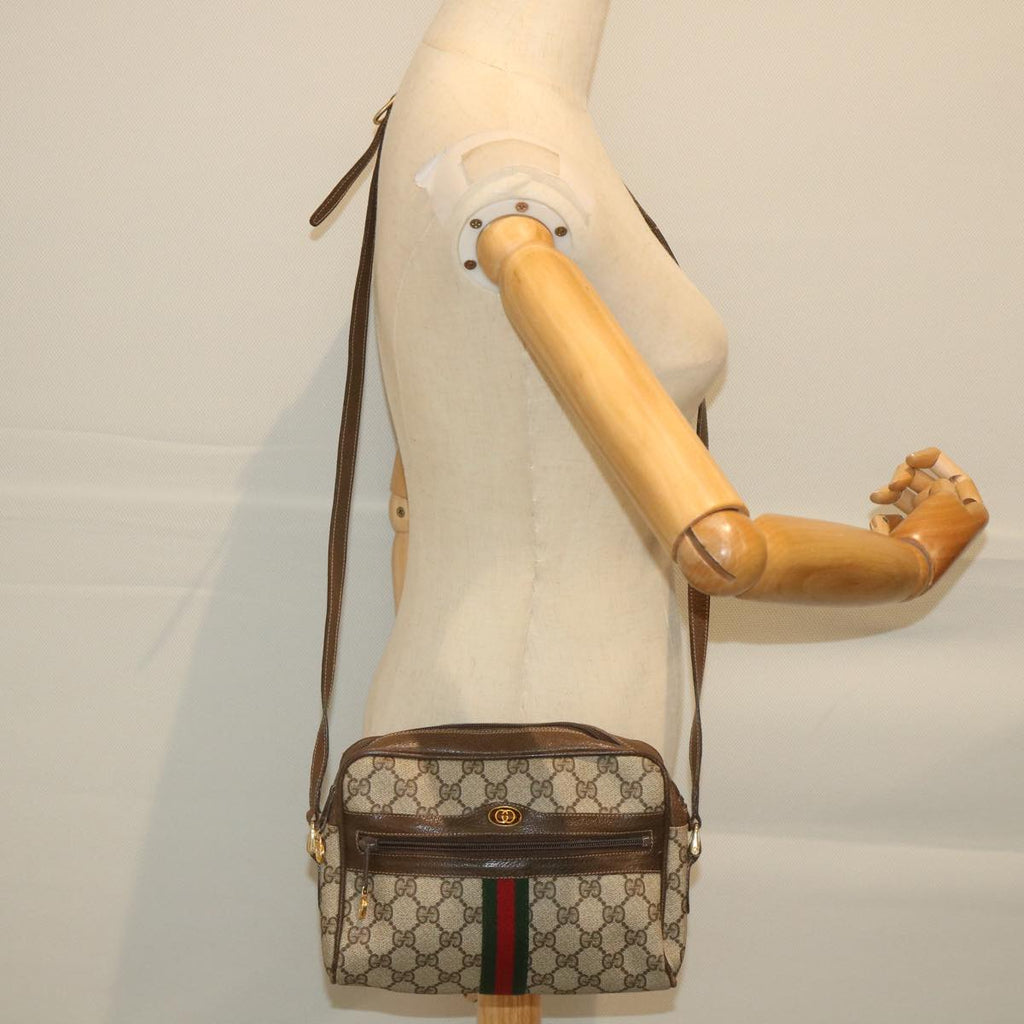 GUCCI GG Canvas Web Sherry Line Shoulder Bag PVC Leather Beige Green 57363