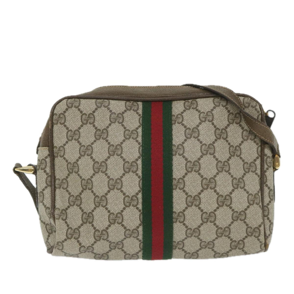 GUCCI GG Canvas Web Sherry Line Shoulder Bag PVC Leather Beige Green 57363
