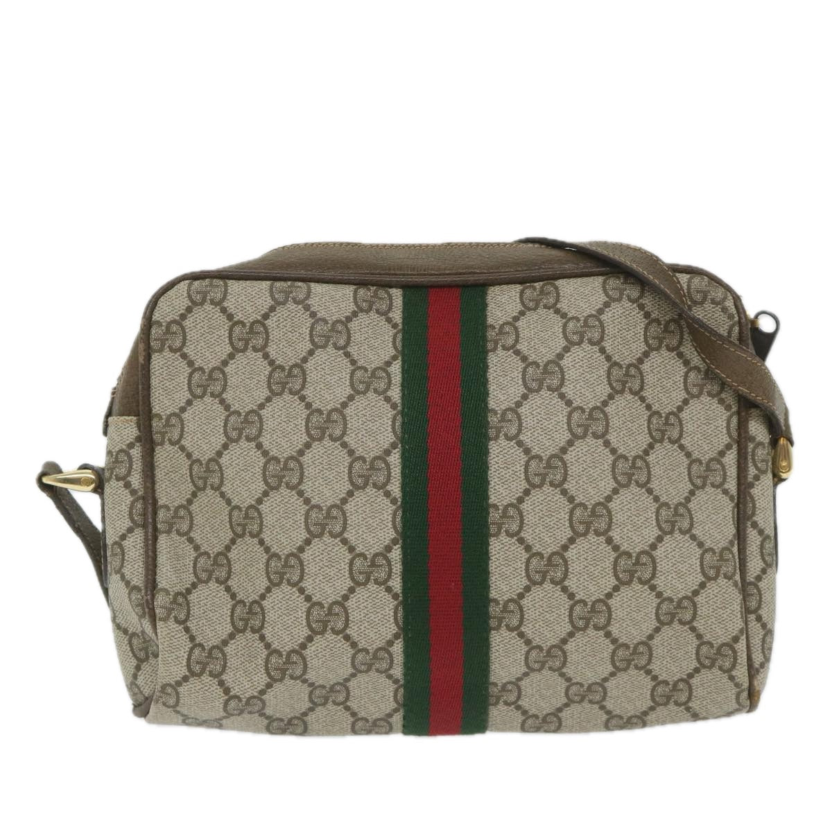 GUCCI GG Canvas Web Sherry Line Shoulder Bag PVC Leather Beige Green 57363