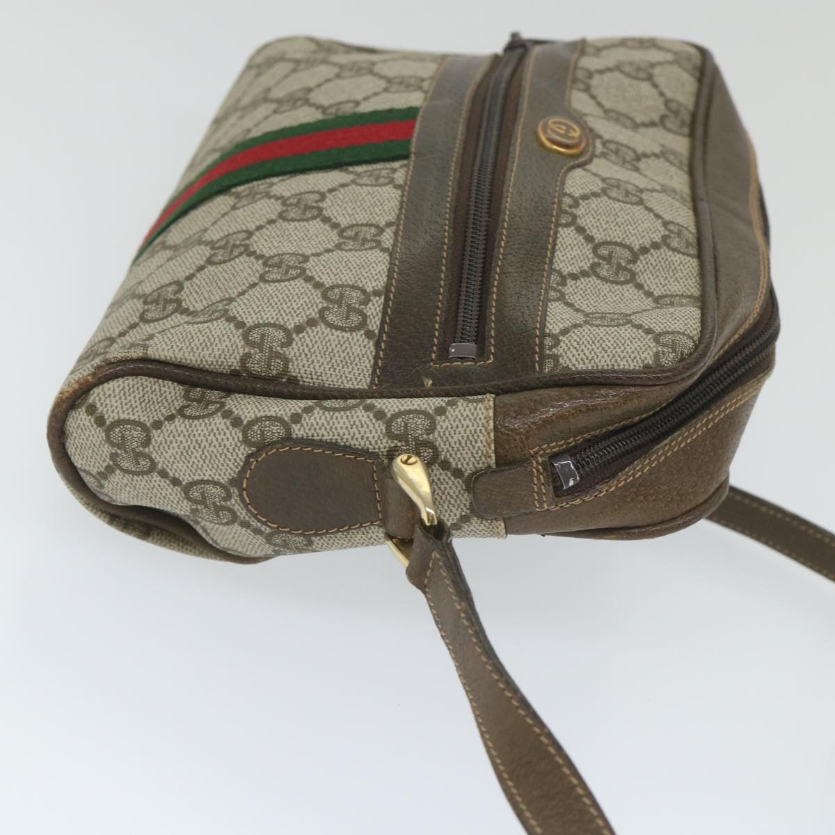 GUCCI GG Canvas Web Sherry Line Shoulder Bag PVC Leather Beige Green 57363