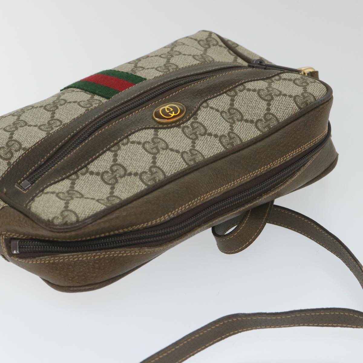 GUCCI GG Canvas Web Sherry Line Shoulder Bag PVC Leather Beige Green 57363