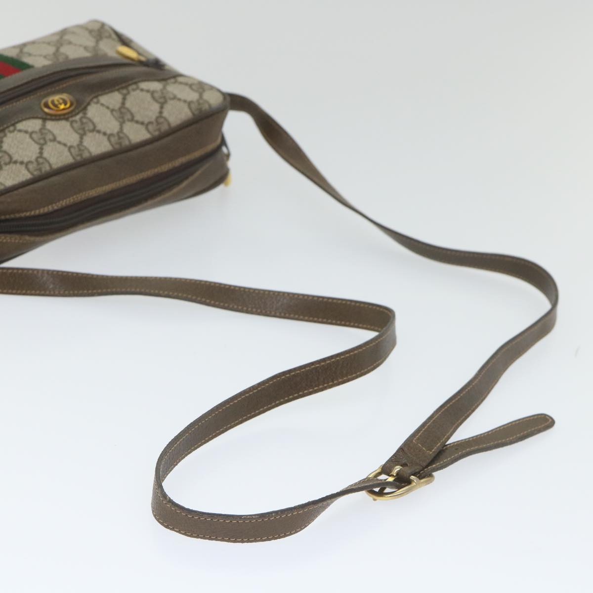 GUCCI GG Canvas Web Sherry Line Shoulder Bag PVC Leather Beige Green 57363