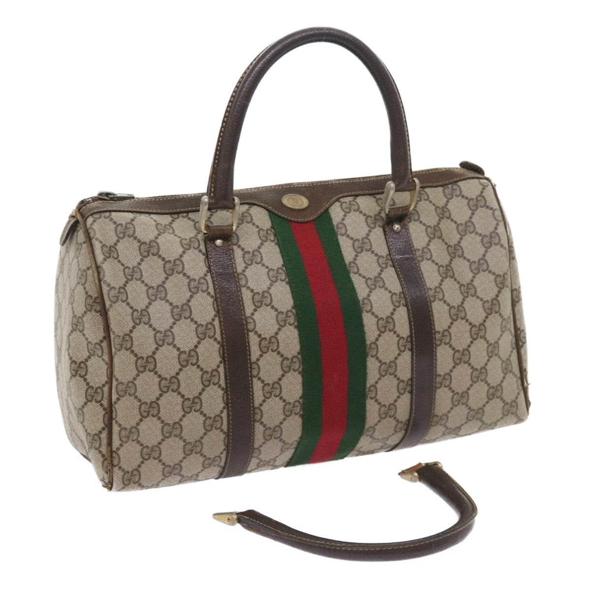 GUCCI GG Canvas Web Sherry Line Boston Bag PVC Leather Beige Green 57545