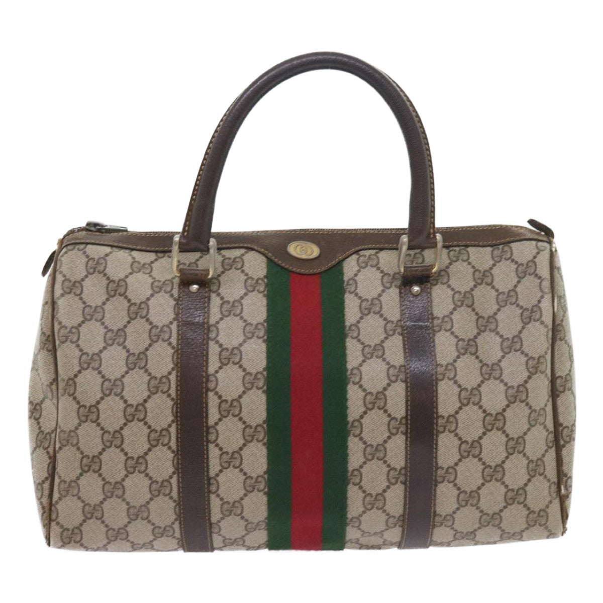 GUCCI GG Canvas Web Sherry Line Boston Bag PVC Leather Beige Green 57545
