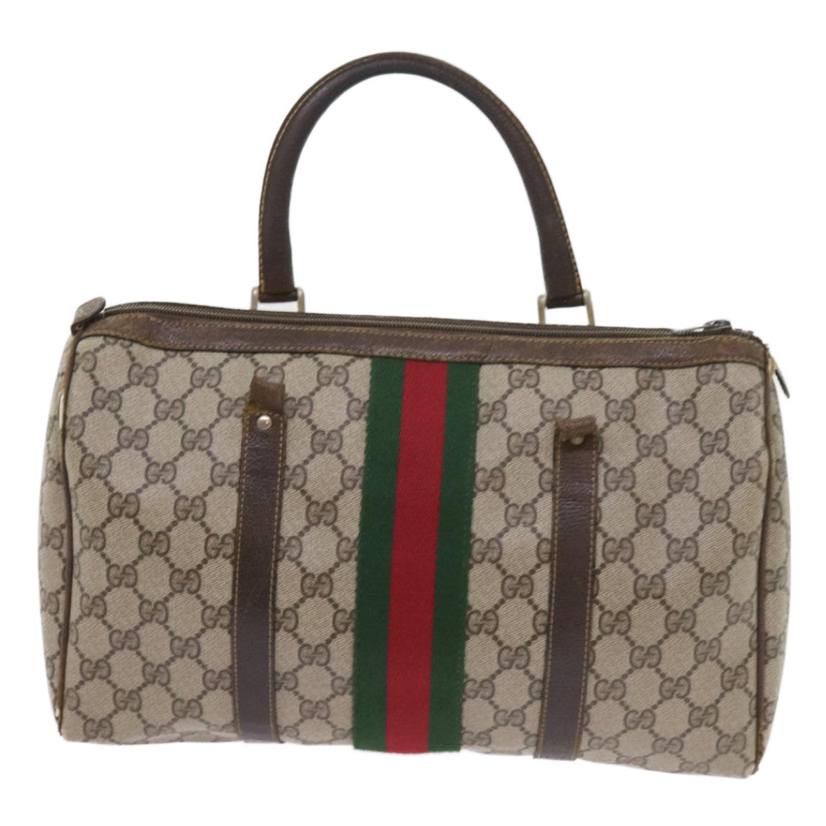 GUCCI GG Canvas Web Sherry Line Boston Bag PVC Leather Beige Green 57545