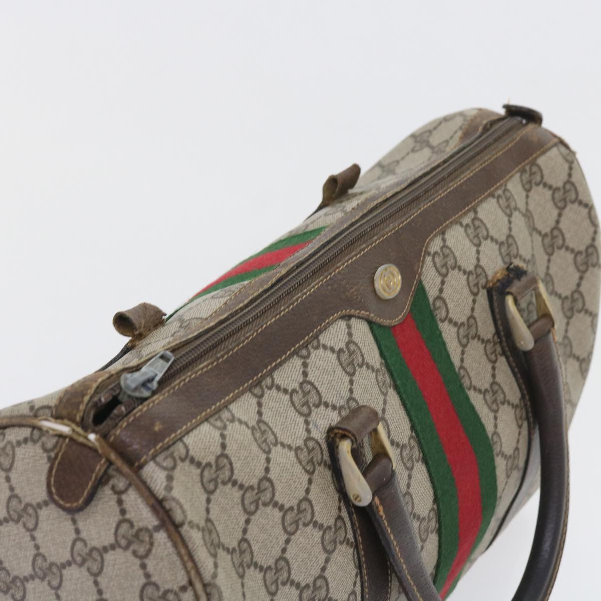 GUCCI GG Canvas Web Sherry Line Boston Bag PVC Leather Beige Green 57545