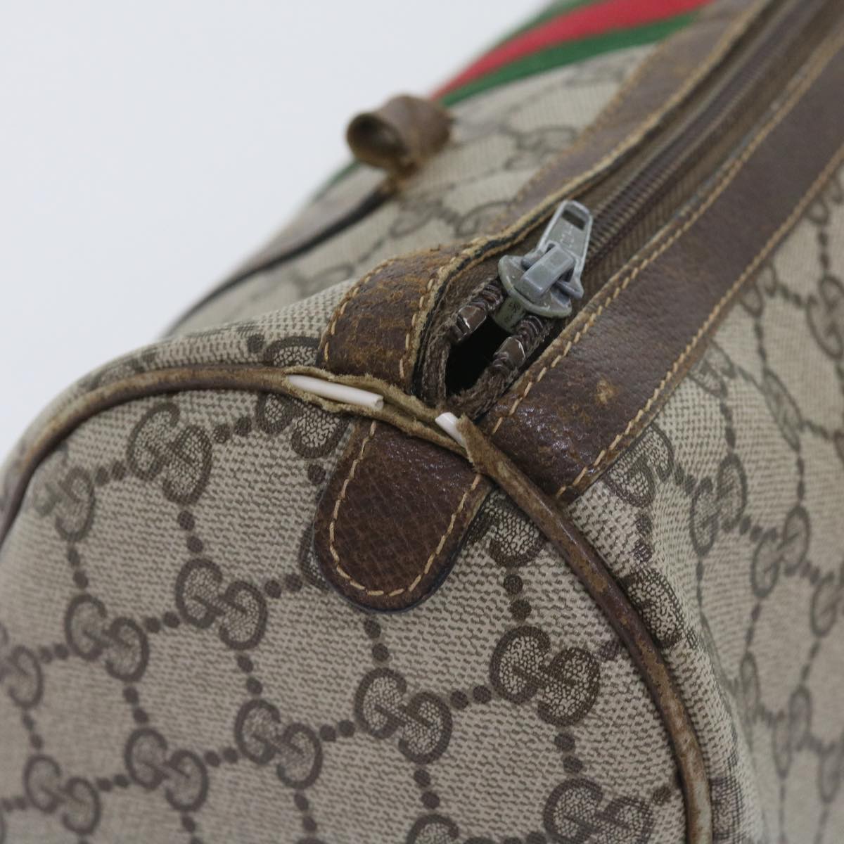 GUCCI GG Canvas Web Sherry Line Boston Bag PVC Leather Beige Green 57545