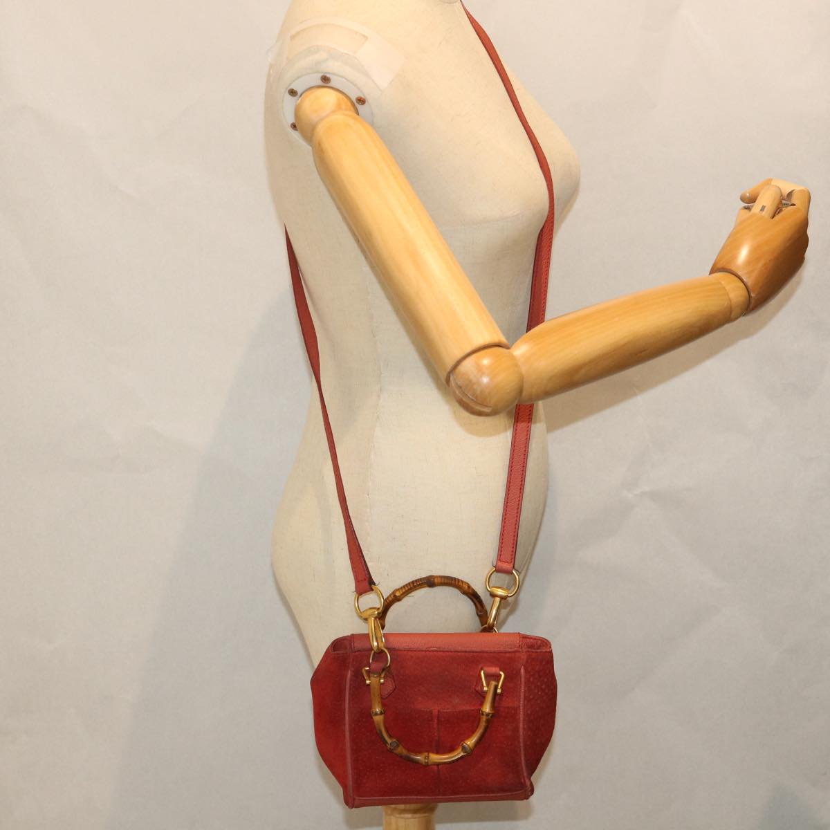 GUCCI Bamboo Hand Bag Suede 2way Red 007 2214 0238 57615