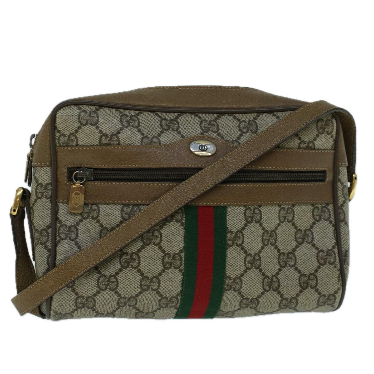 GUCCI GG Canvas Web Sherry Line Shoulder Bag PVC Leather Beige Green 57622