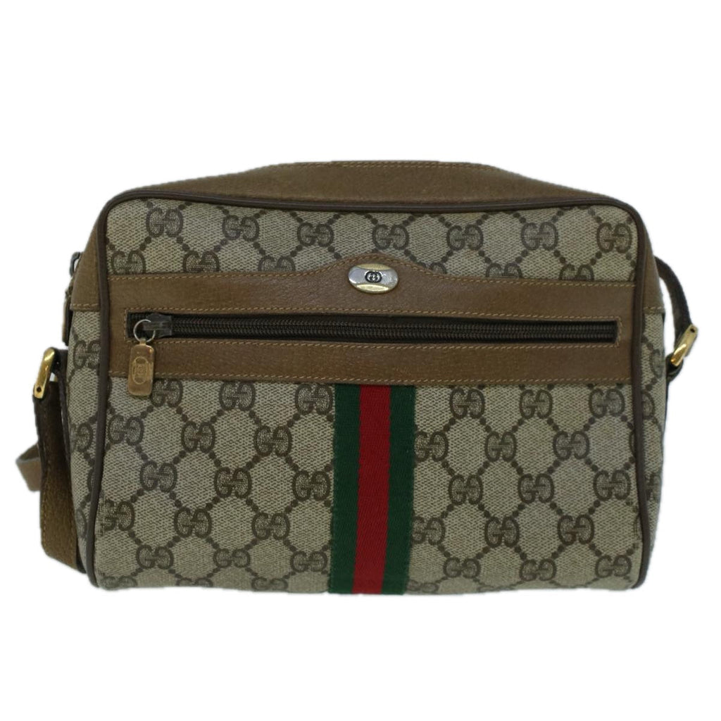 GUCCI GG Canvas Web Sherry Line Shoulder Bag PVC Leather Beige Green 57622