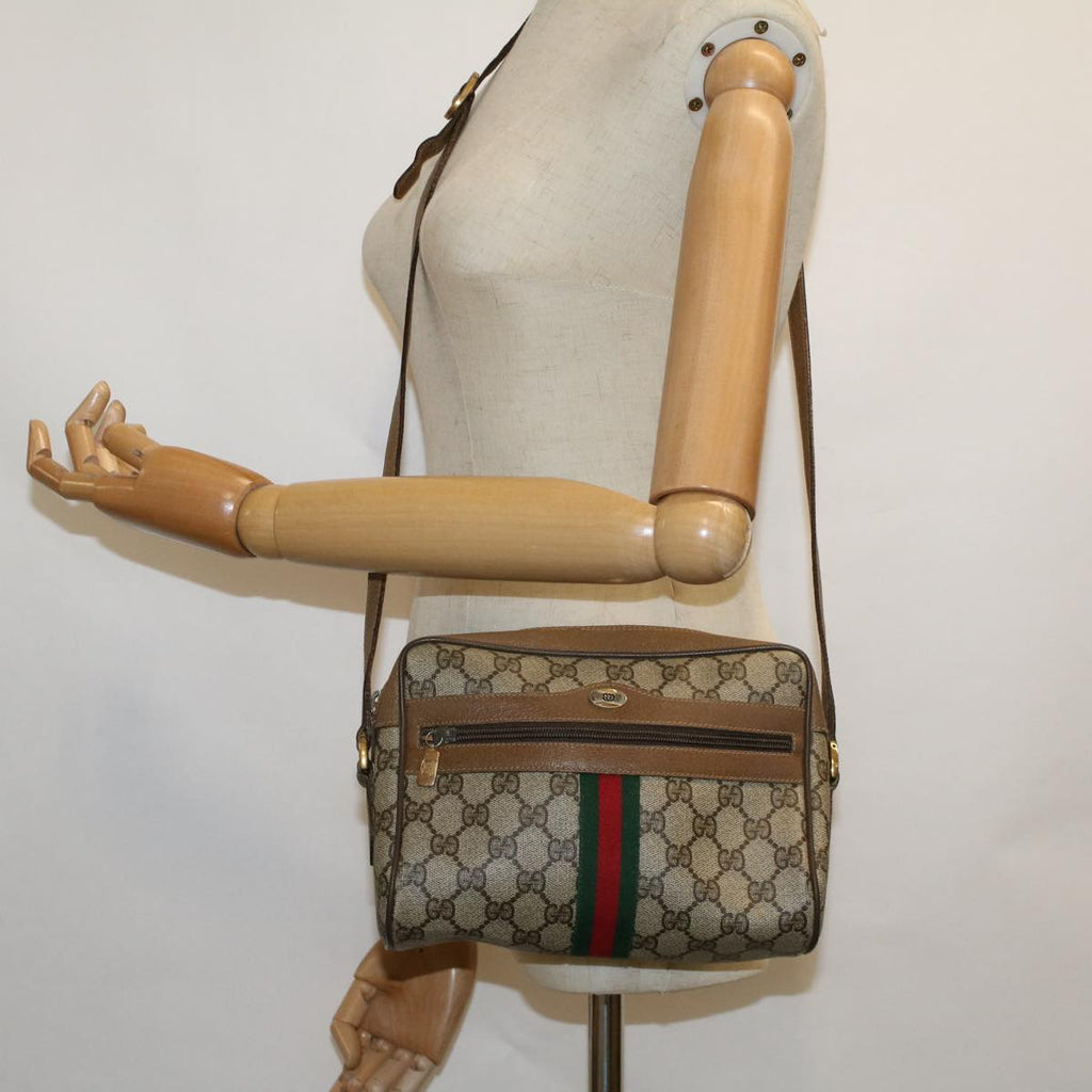 GUCCI GG Canvas Web Sherry Line Shoulder Bag PVC Leather Beige Green 57622
