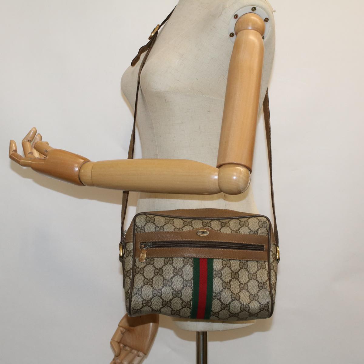 GUCCI GG Canvas Web Sherry Line Shoulder Bag PVC Leather Beige Green 57622