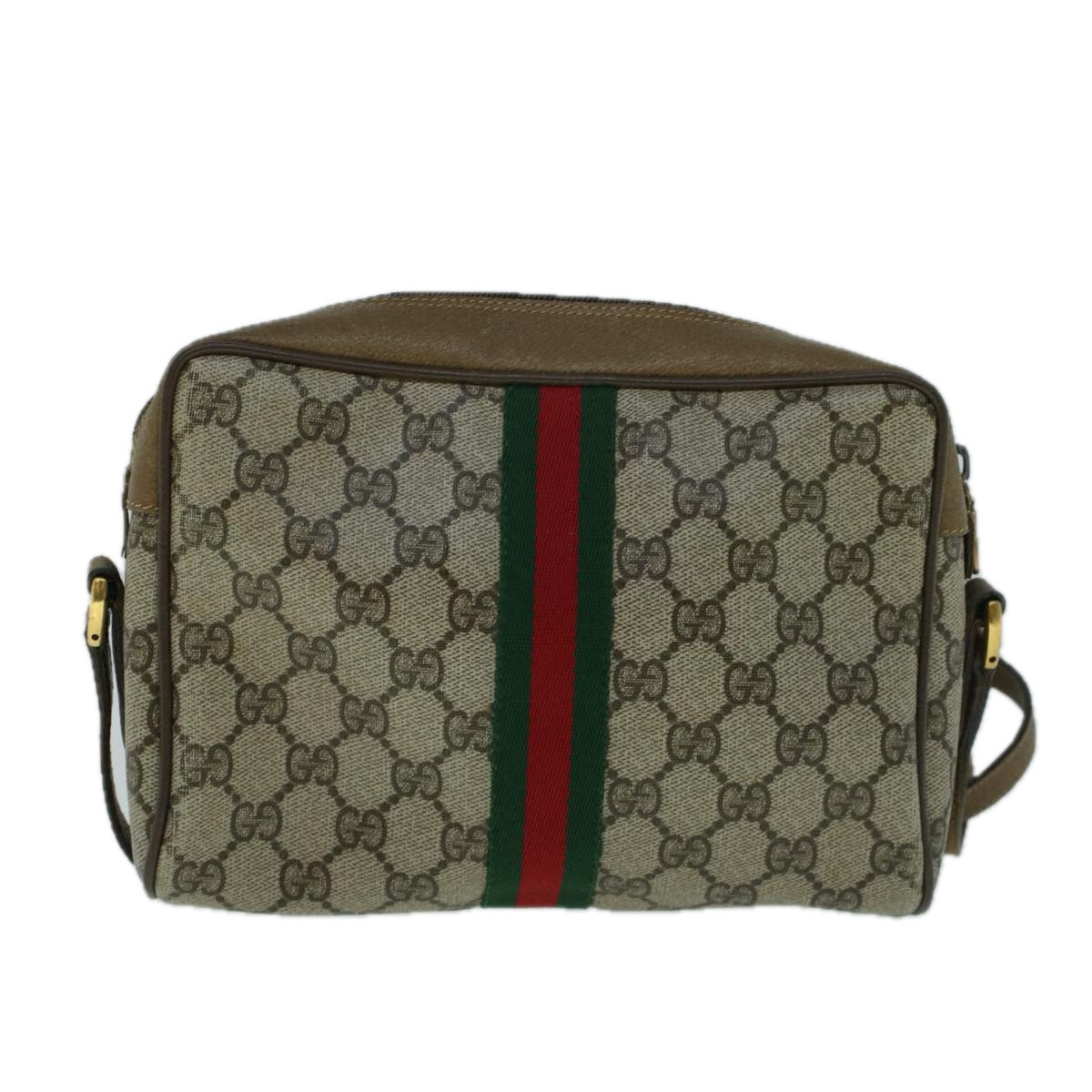 GUCCI GG Canvas Web Sherry Line Shoulder Bag PVC Leather Beige Green 57622
