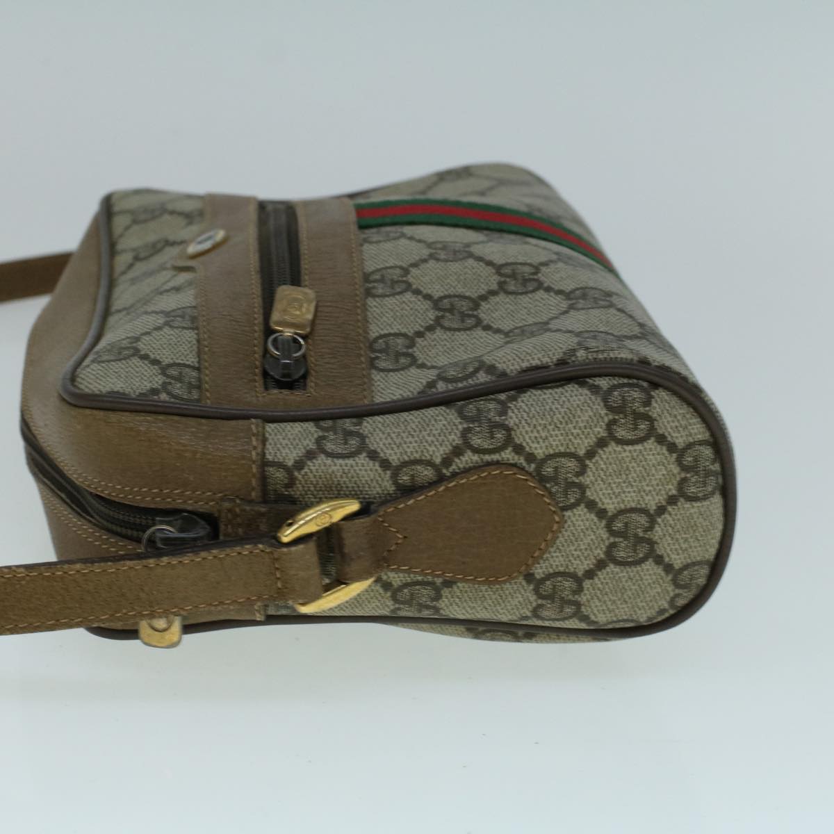GUCCI GG Canvas Web Sherry Line Shoulder Bag PVC Leather Beige Green 57622