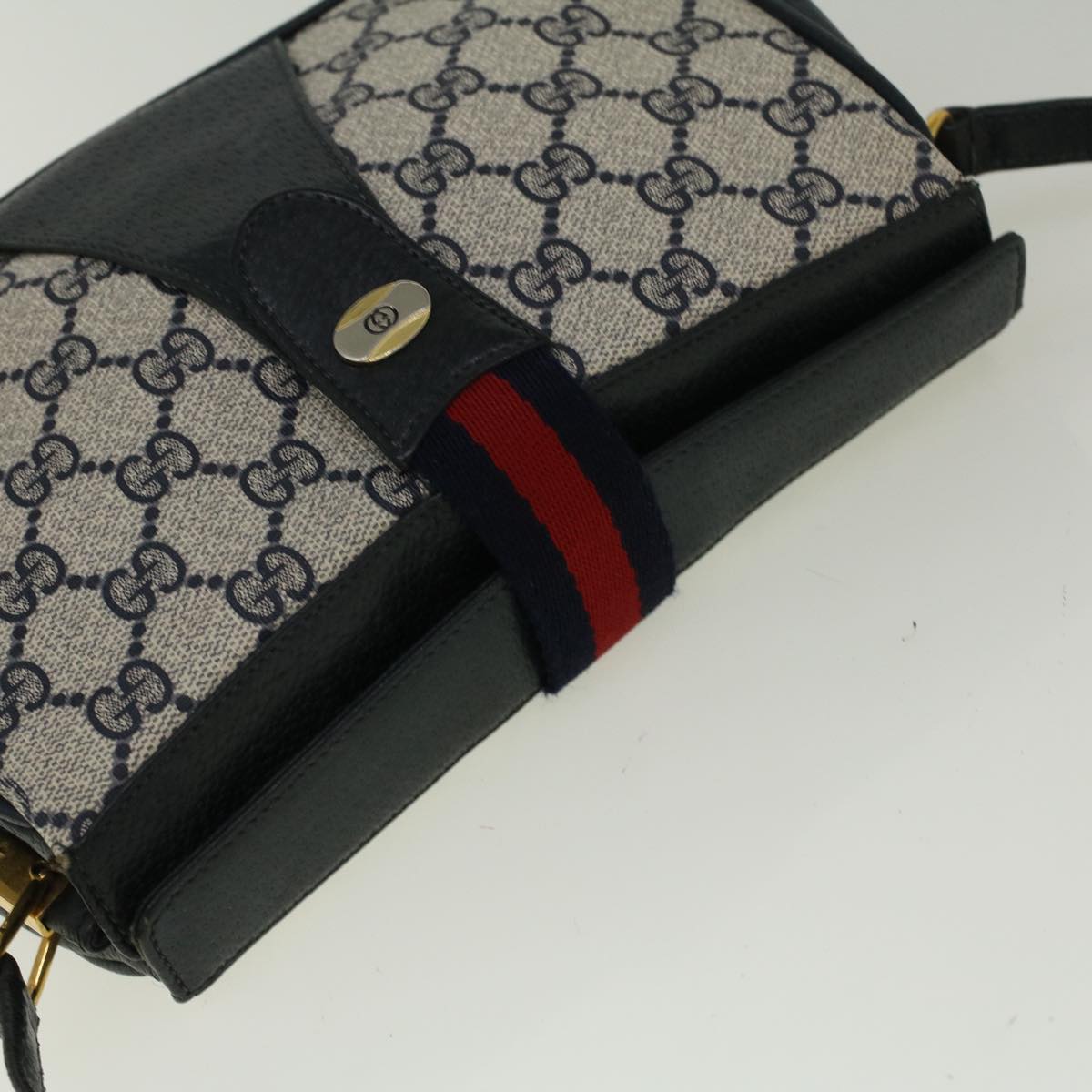 GUCCI GG Canvas Sherry Line Shoulder Bag PVC Leather Navy Red 57623