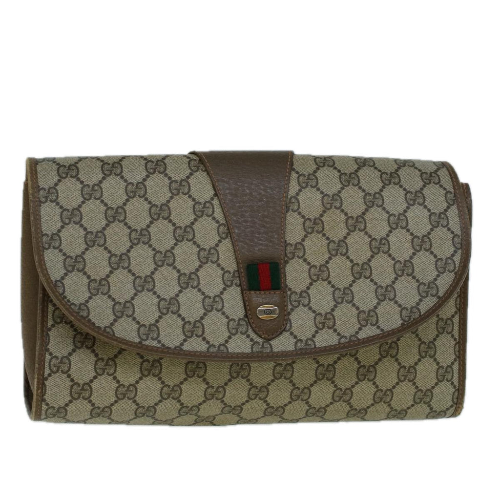 GUCCI GG Canvas Web Sherry Line Clutch Bag PVC Leather Beige Green 57661