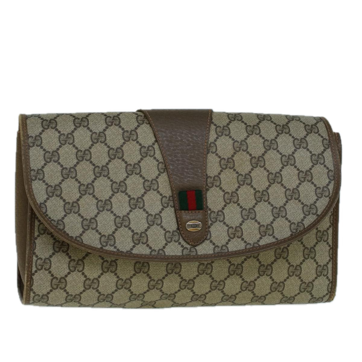 GUCCI GG Canvas Web Sherry Line Clutch Bag PVC Leather Beige Green 57661