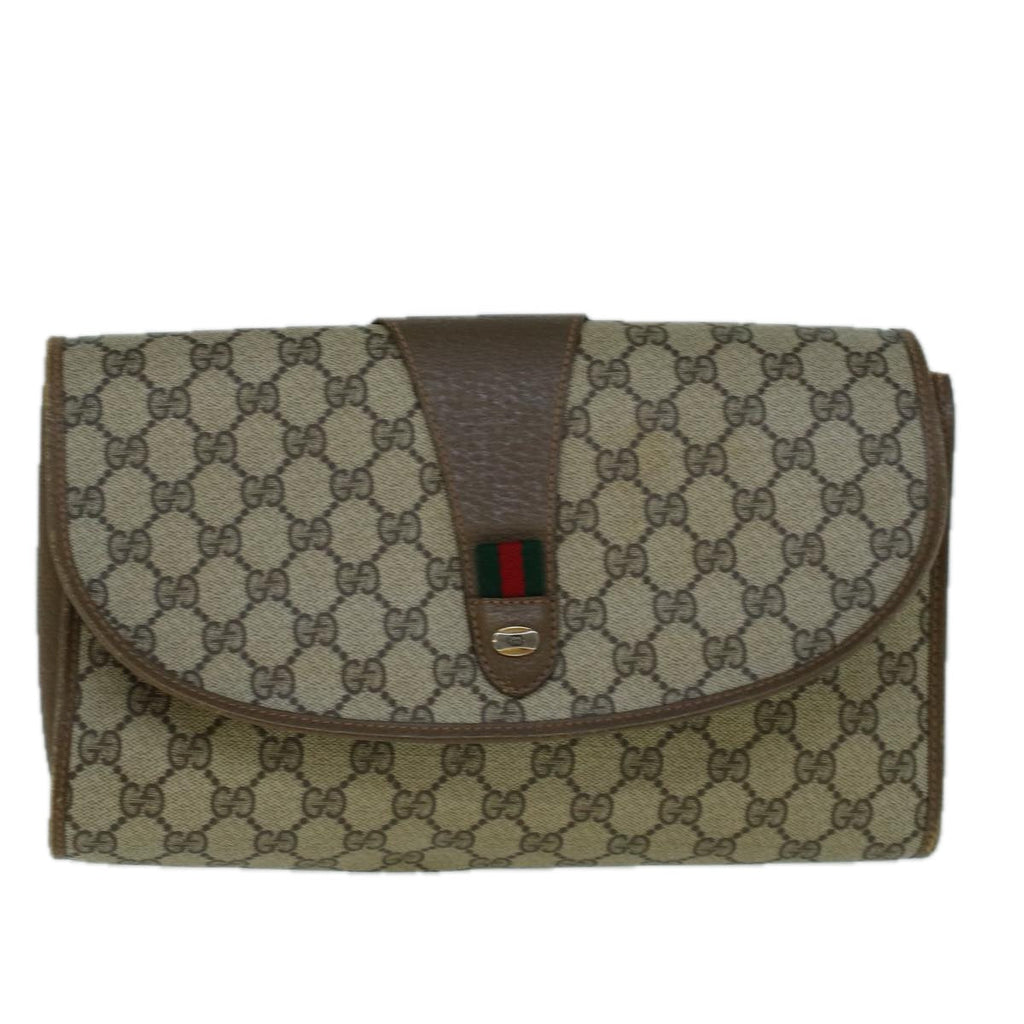 GUCCI GG Canvas Web Sherry Line Clutch Bag PVC Leather Beige Green 57661