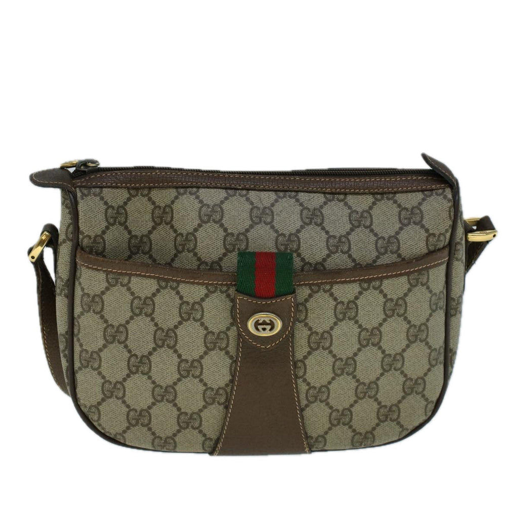 GUCCI GG Canvas Web Sherry Line Shoulder Bag PVC Leather Beige Green 57673