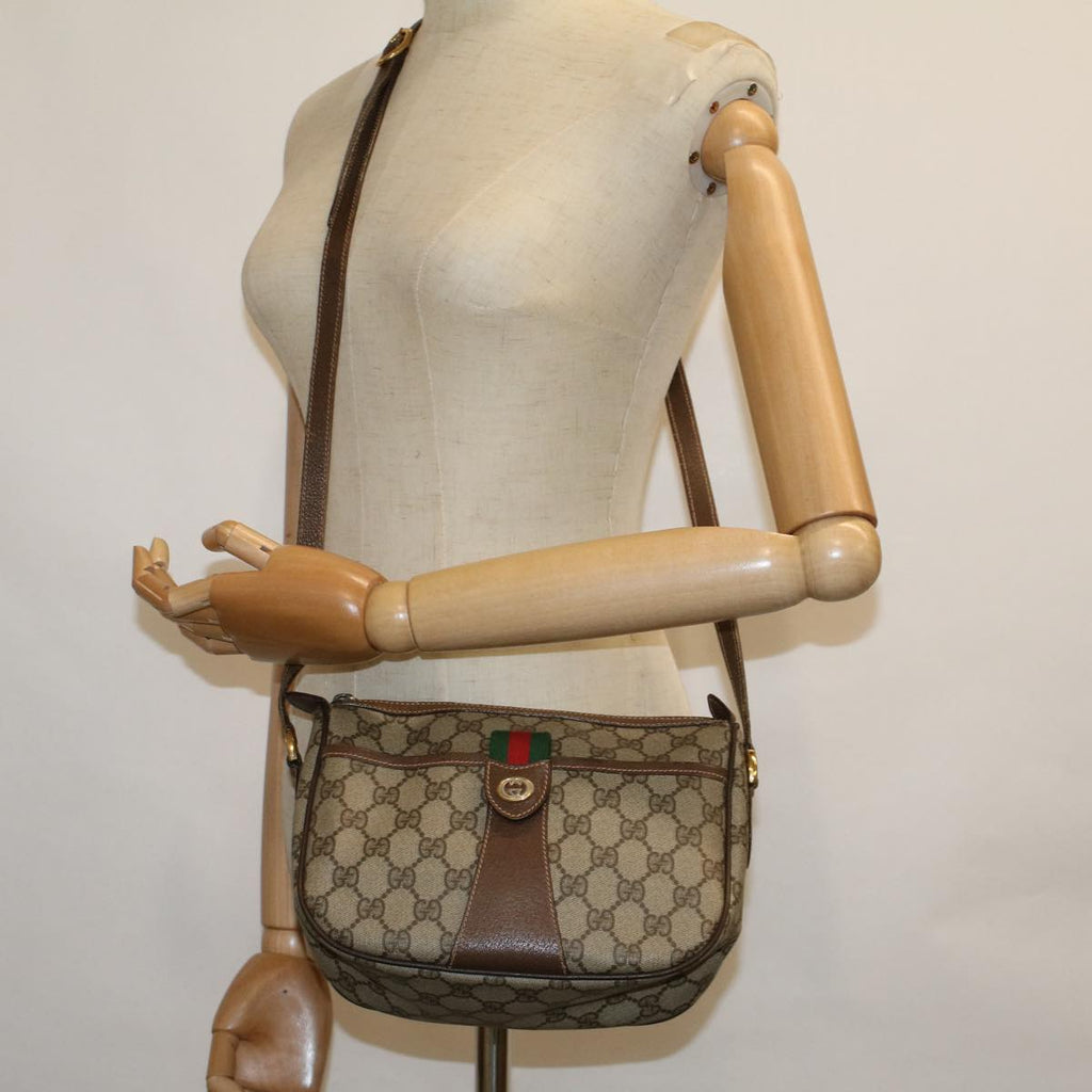 GUCCI GG Canvas Web Sherry Line Shoulder Bag PVC Leather Beige Green 57673