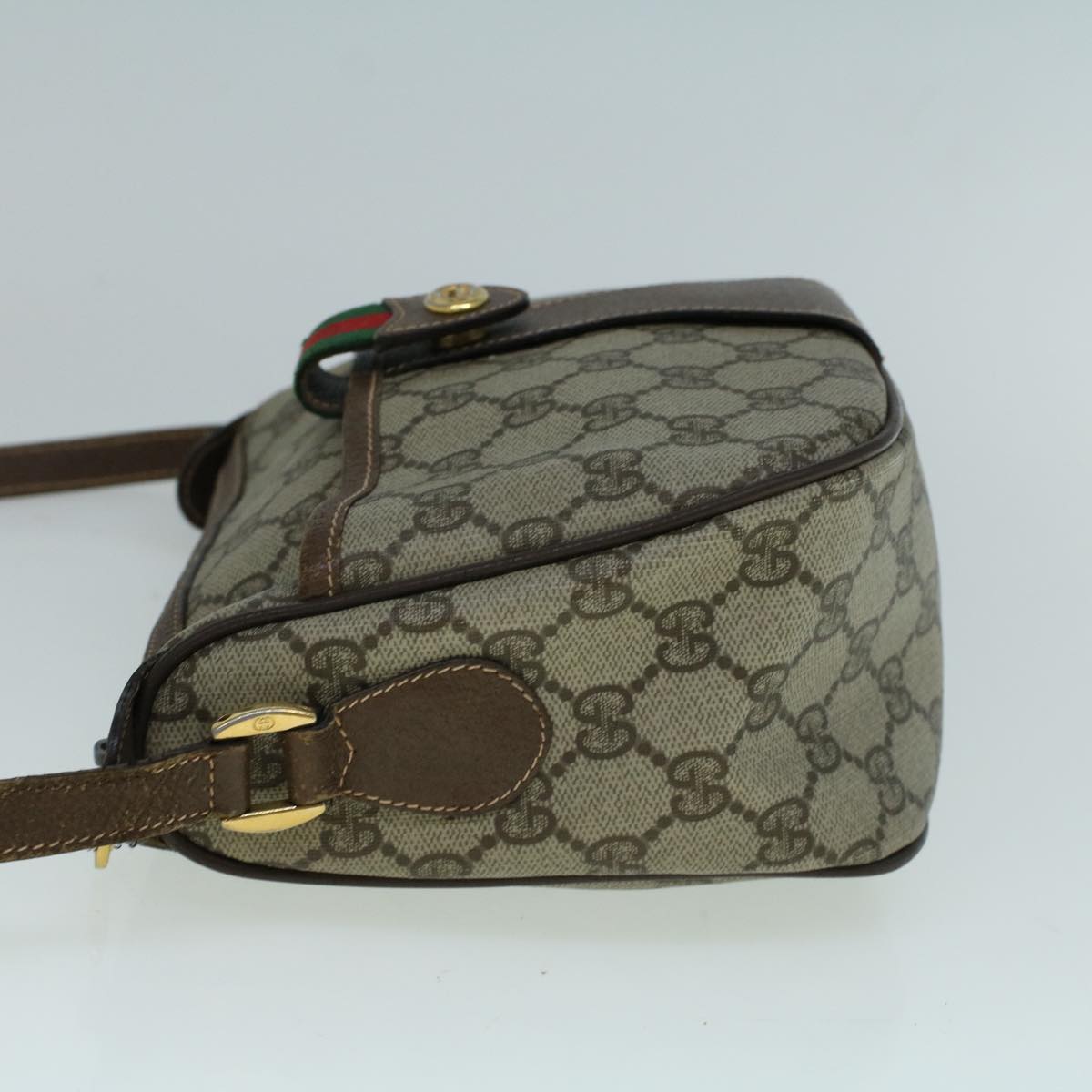 GUCCI GG Canvas Web Sherry Line Shoulder Bag PVC Leather Beige Green 57673