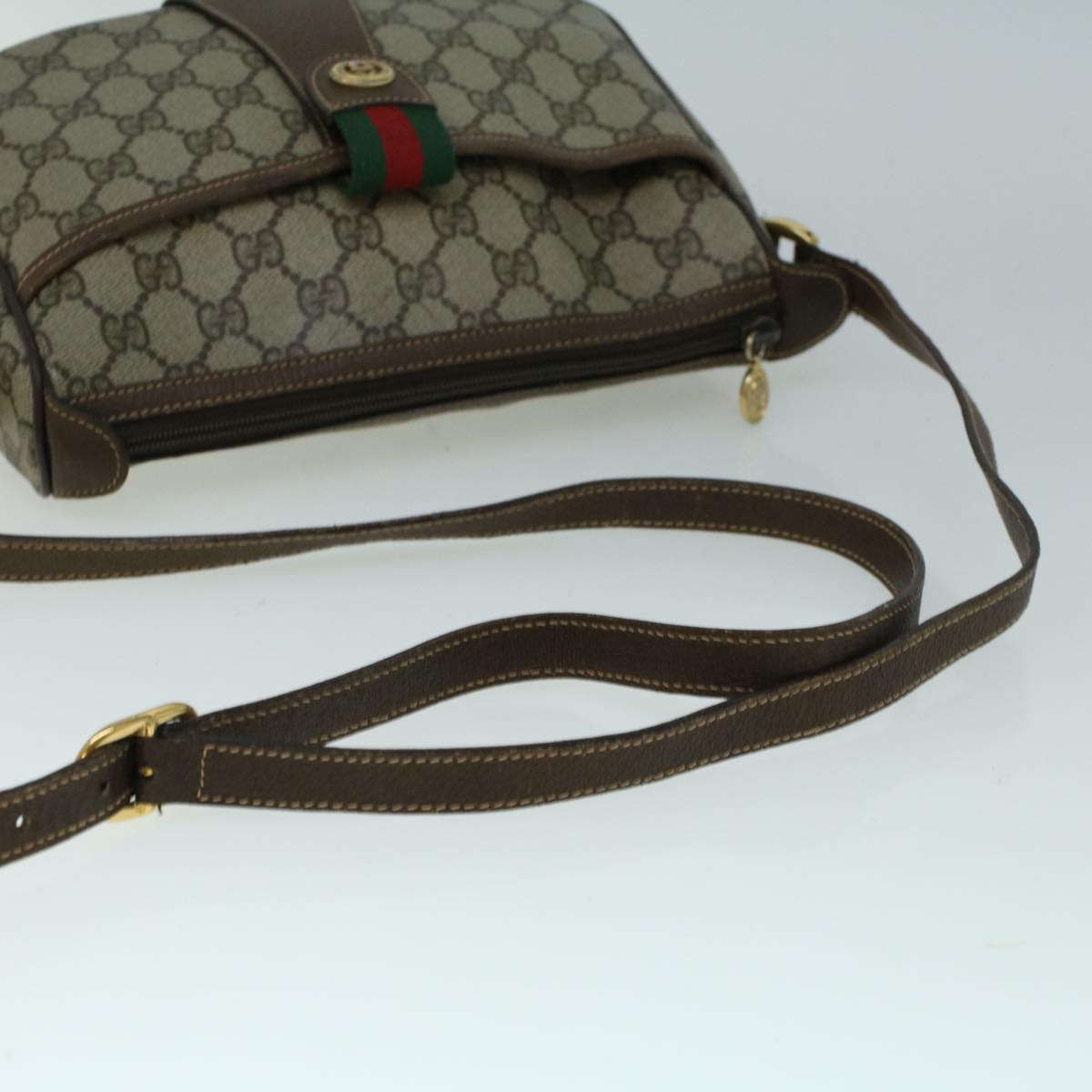 GUCCI GG Canvas Web Sherry Line Shoulder Bag PVC Leather Beige Green 57673