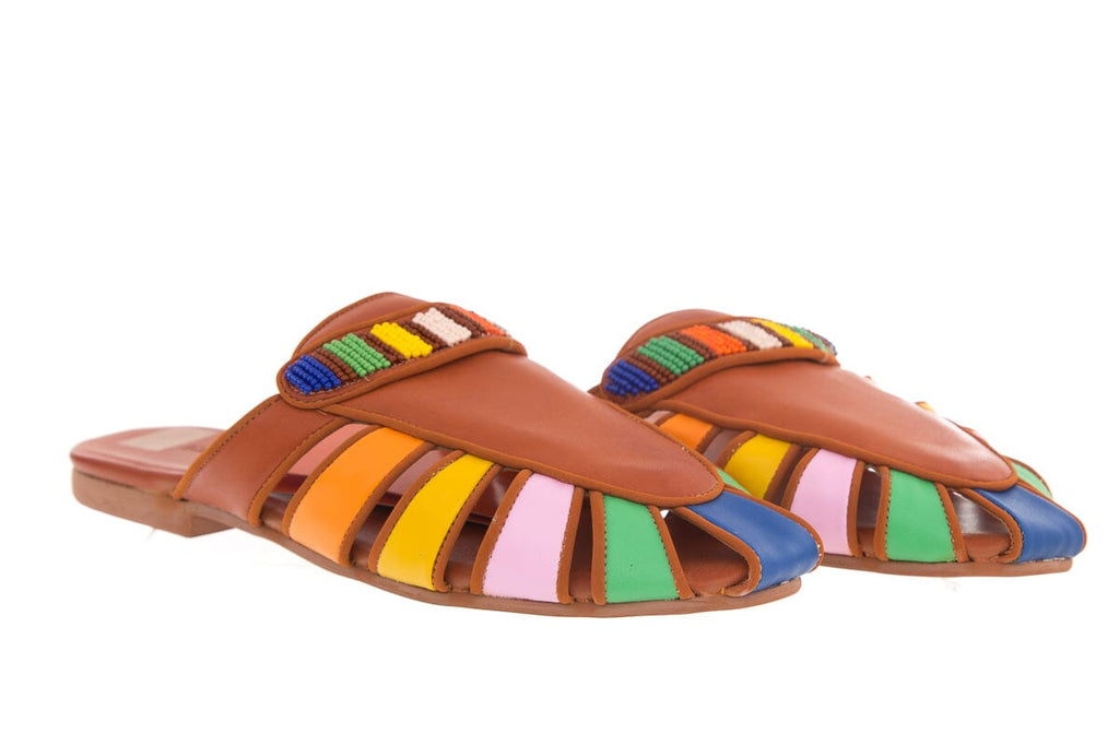 Farm Rio Brown Multicolor Beaded Mules SZ 9