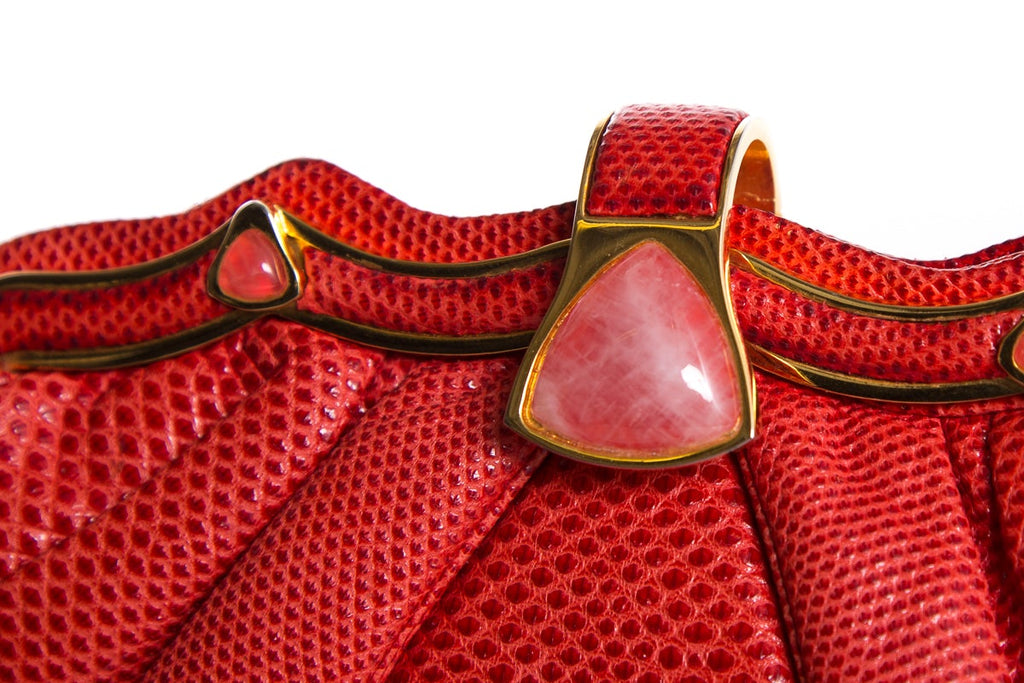 Judith Leiber Red Karung Snake Rose Quartz Clasp Clutch