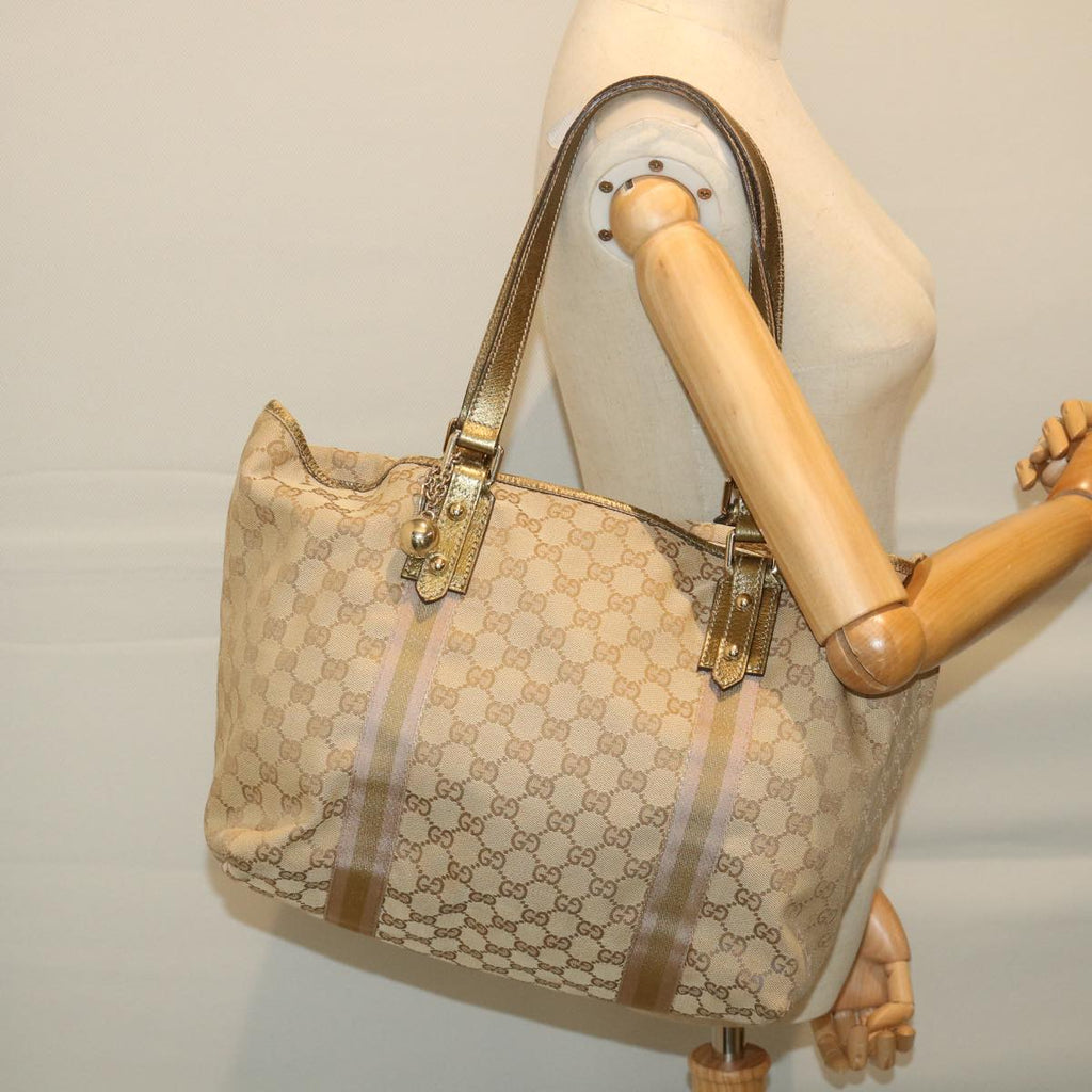 GUCCI GG Canvas Sherry Line Tote Bag Beige Gold Pink 139260 58045