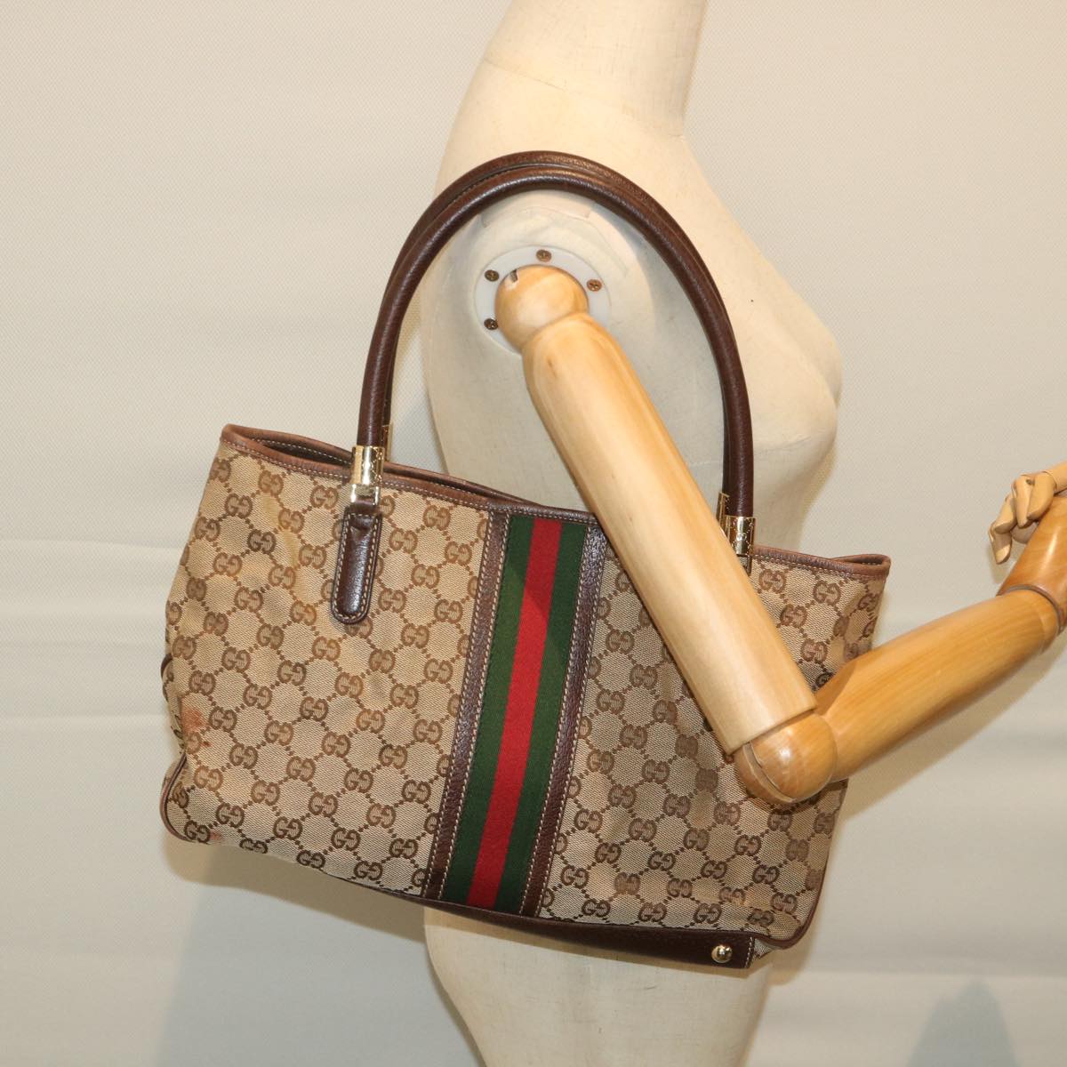 GUCCI GG Canvas Web Sherry Line Tote Bag Beige Green Red 58048