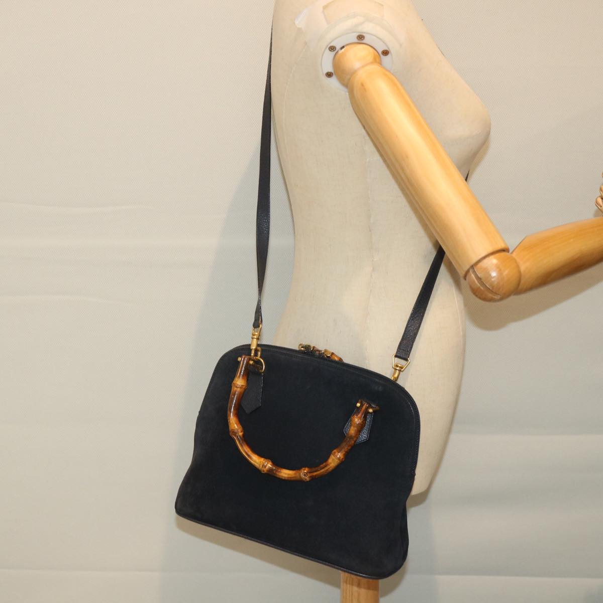 GUCCI Bamboo Shoulder Bag Suede 2way Navy 58084