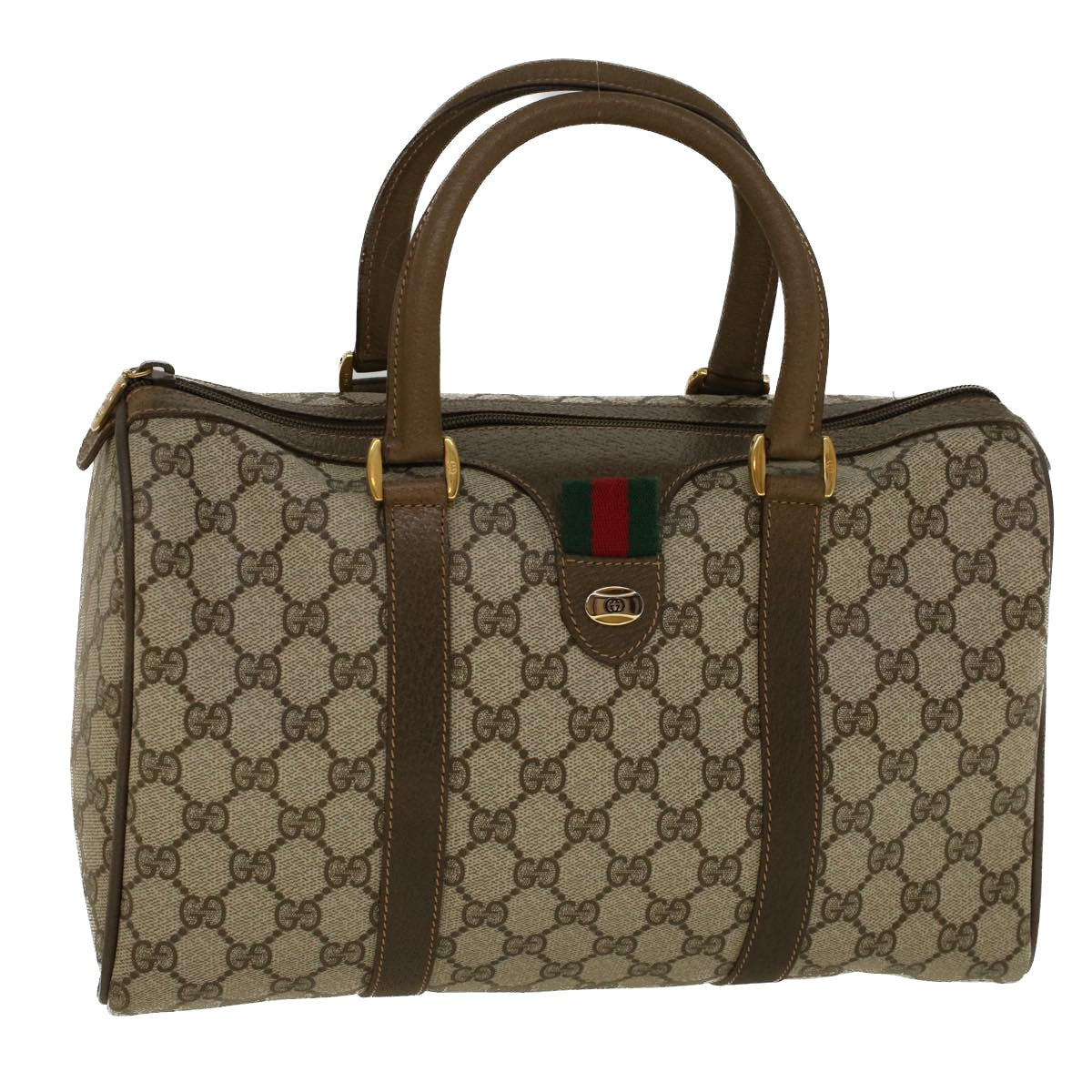 GUCCI GG Canvas Web Sherry Line Boston Bag PVC Leather Beige Green 58085