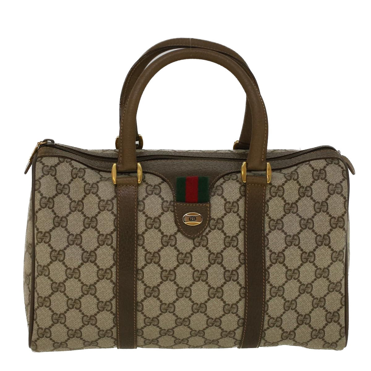 GUCCI GG Canvas Web Sherry Line Boston Bag PVC Leather Beige Green 58085