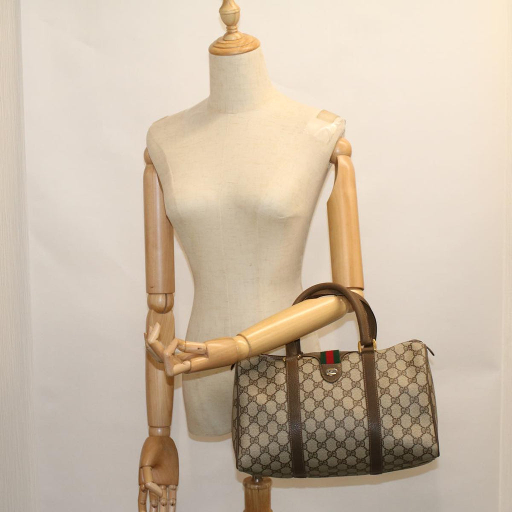 GUCCI GG Canvas Web Sherry Line Boston Bag PVC Leather Beige Green 58085