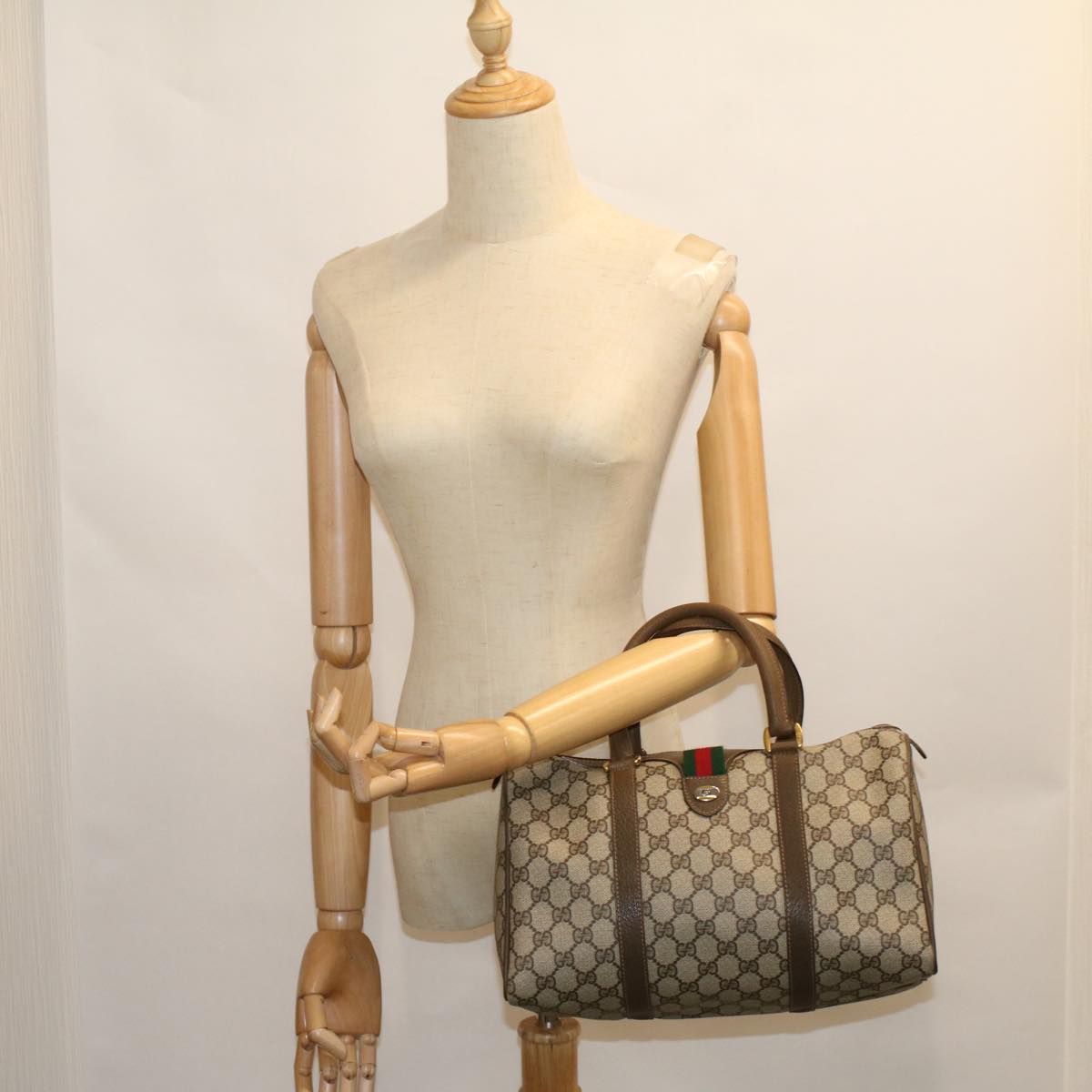 GUCCI GG Canvas Web Sherry Line Boston Bag PVC Leather Beige Green 58085