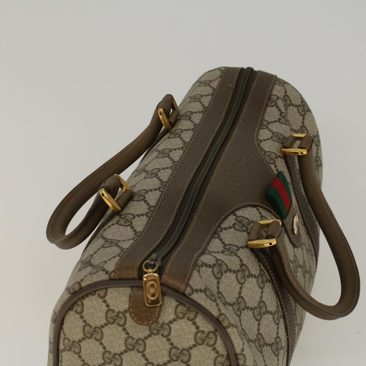 GUCCI GG Canvas Web Sherry Line Boston Bag PVC Leather Beige Green 58085