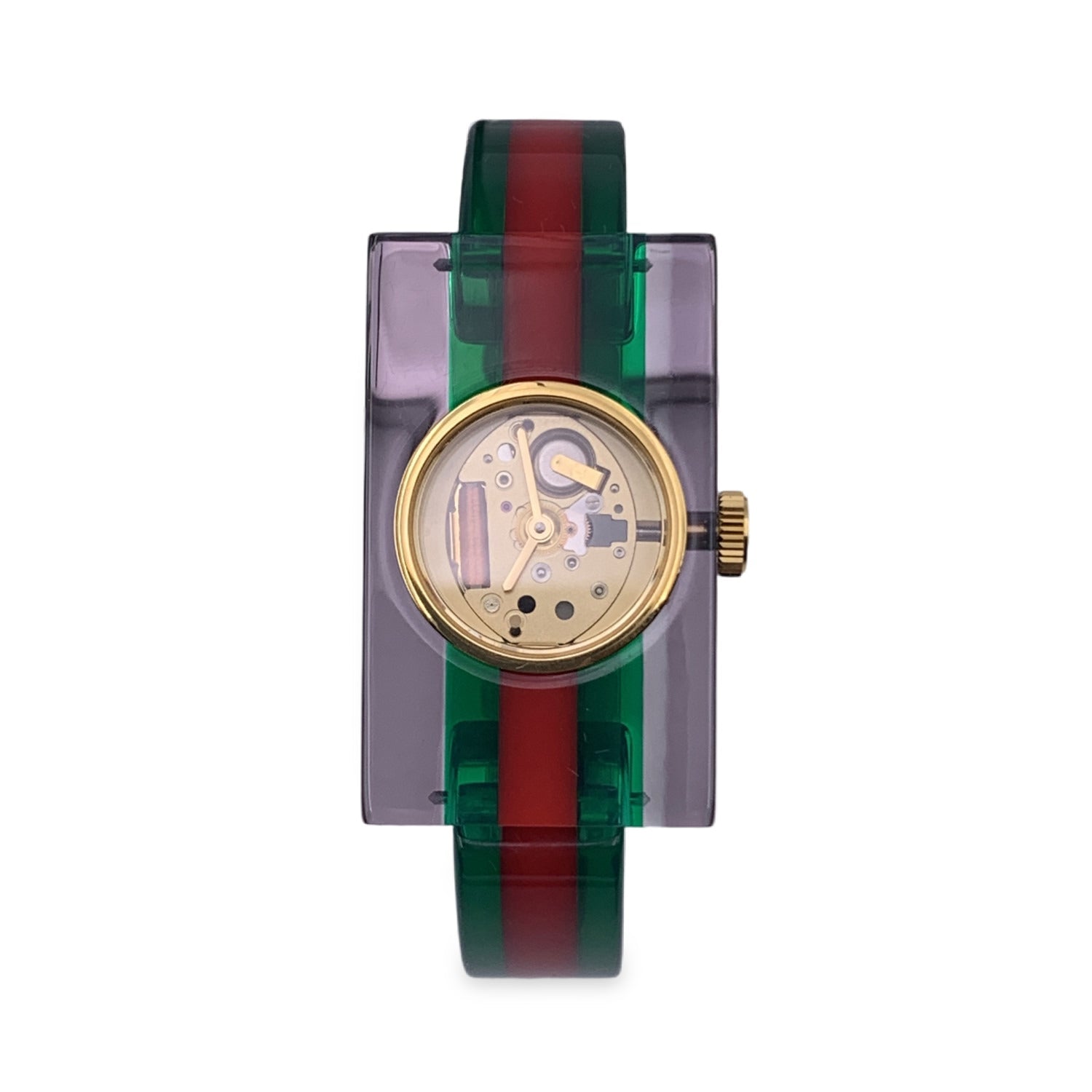 GUCCI Red Green Striped Plexi Web Watch 143.5 Skeleton Dial