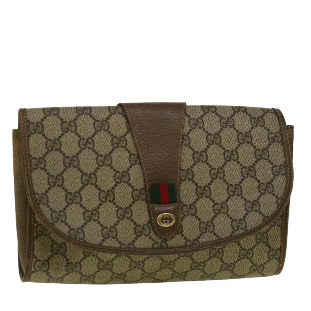 GUCCI GG Canvas Web Sherry Line Clutch Bag PVC Leather Beige Green 58276