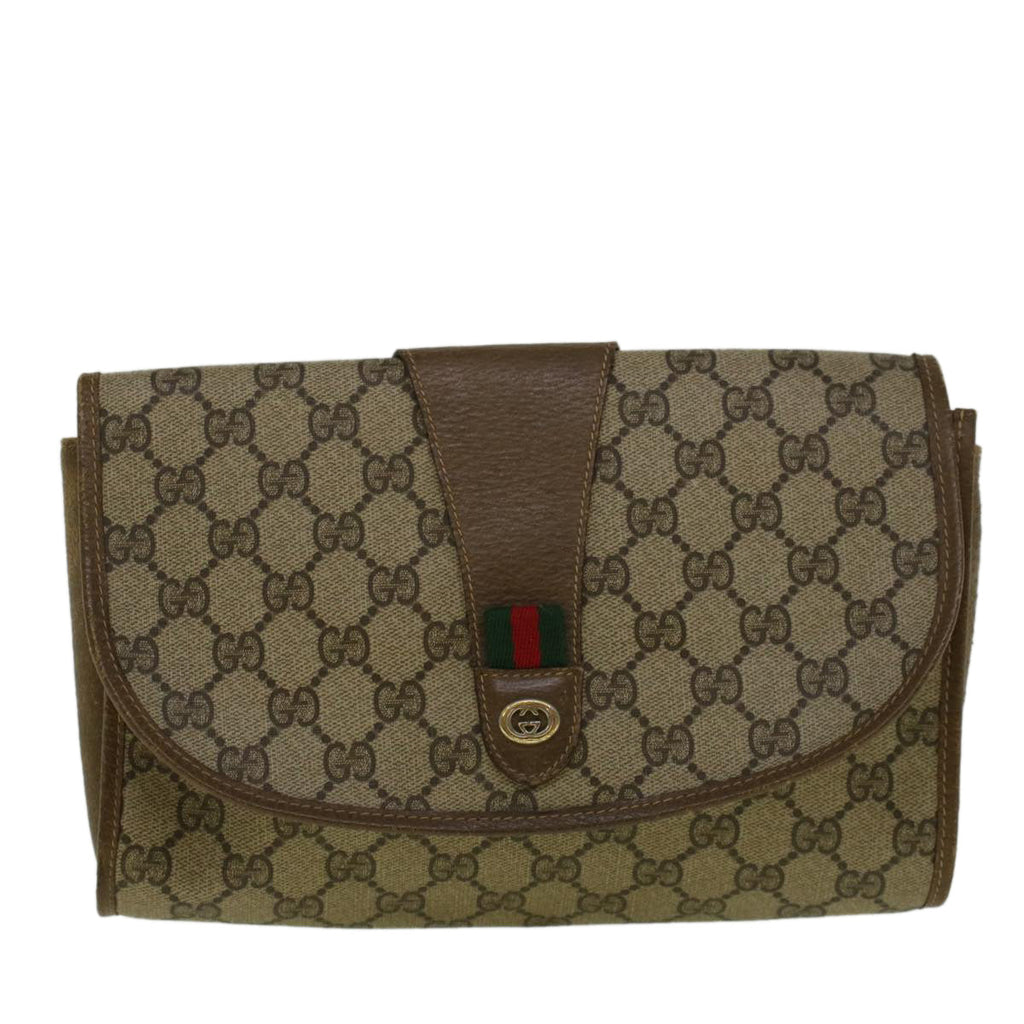 GUCCI GG Canvas Web Sherry Line Clutch Bag PVC Leather Beige Green 58276