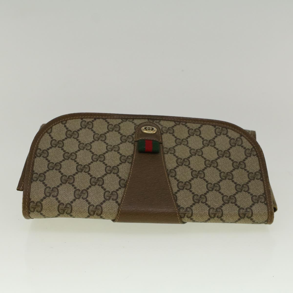 GUCCI GG Canvas Web Sherry Line Clutch Bag PVC Leather Beige Green 58276