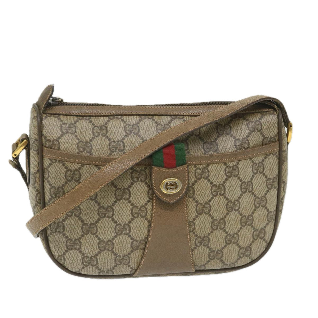 GUCCI GG Canvas Web Sherry Line Shoulder Bag PVC Leather Beige Green 58277