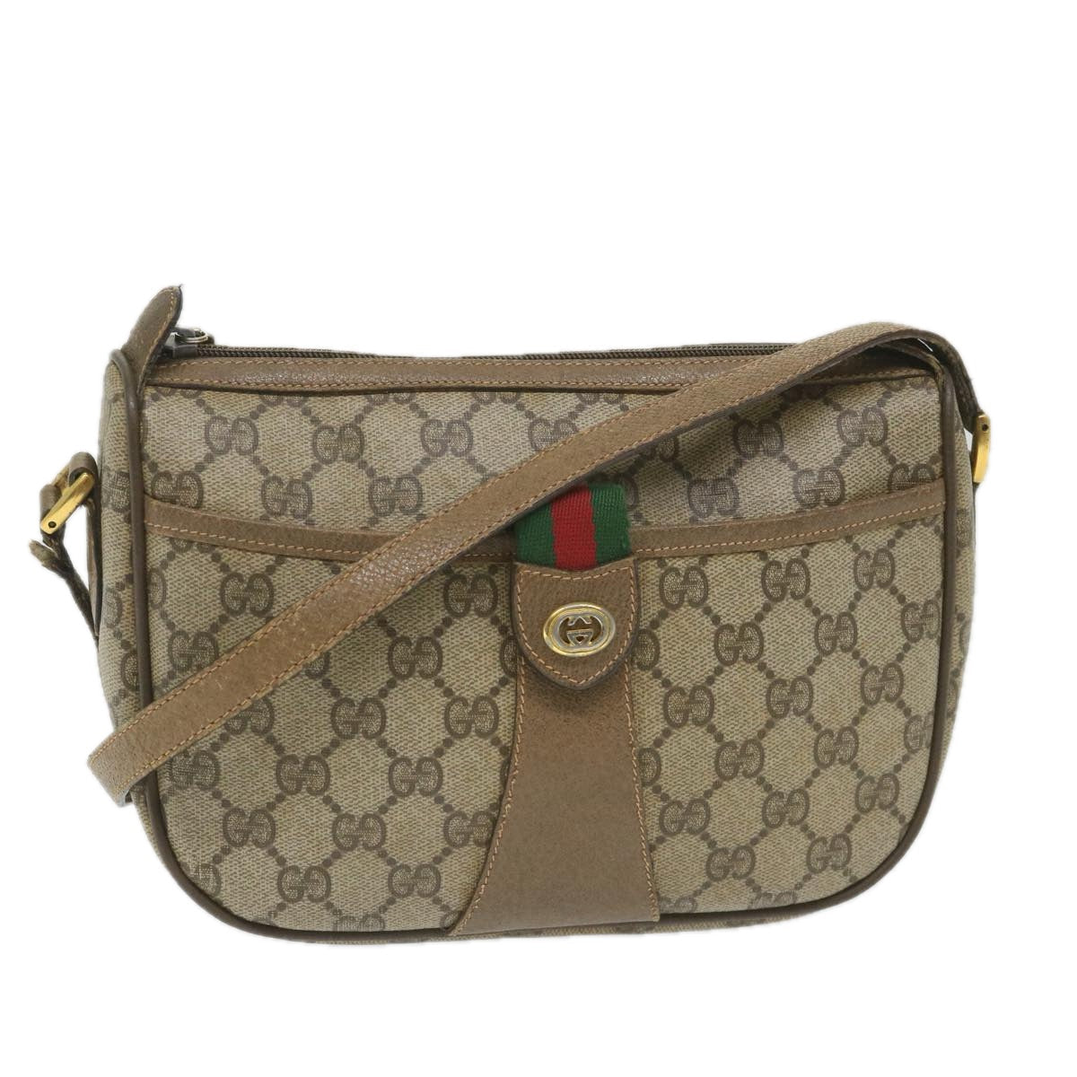 GUCCI GG Canvas Web Sherry Line Shoulder Bag PVC Leather Beige Green 58277