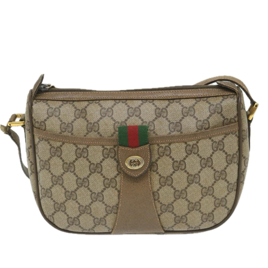 GUCCI GG Canvas Web Sherry Line Shoulder Bag PVC Leather Beige Green 58277