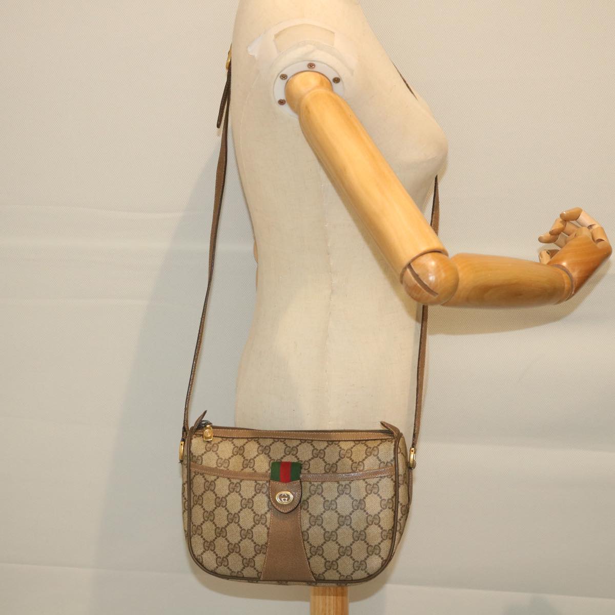 GUCCI GG Canvas Web Sherry Line Shoulder Bag PVC Leather Beige Green 58277
